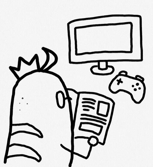 Kashi's art persona holding a book, her back to the camera. Across her is a television and a game controller.