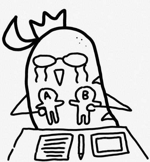 Kashi's art persona holding a pair of paper dolls with the letters "A" and "B" written on their heads. She is smiling while crying. In front of her is a table, which has a document, stylus, and tablet on top.